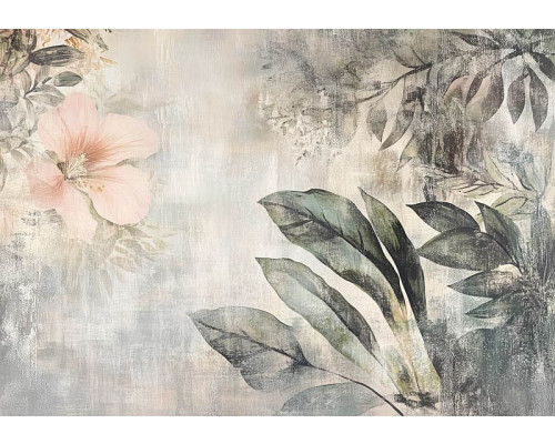 Fotobehang met een botanisch kunstwerk van tropische bladeren en planten in een schilderachtige compositie.