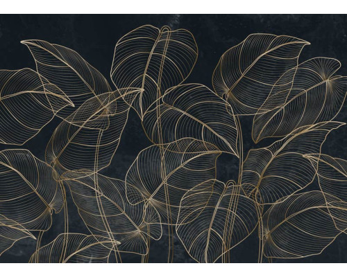 Eine Fototapete mit botanischen Blättern und goldenen Akzenten, die tropische Blätter mit raffinierten goldenen Details für ein luxuriöses Aussehen kombiniert.