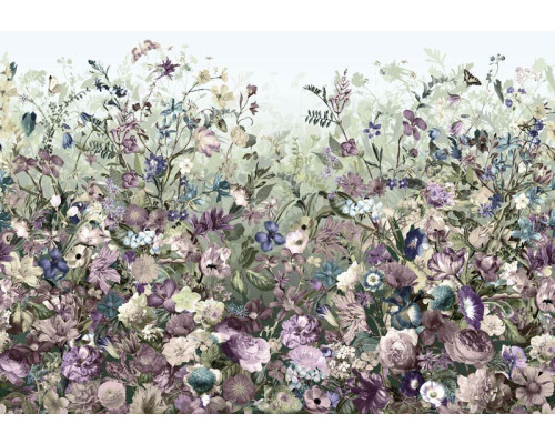 Ein botanischer Garten mit Blumen und Pflanzen, gerendert in einer abstrakten Fototapete für einen natürlichen Look.