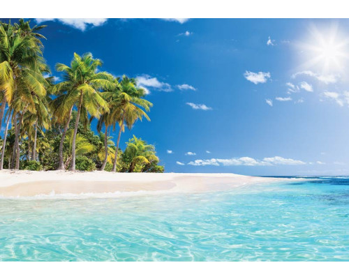 Karibischer Strand mit klarem blauen Meer und sonnenbeschienenem Horizont, Fototapete, die ein exotisches Urlaubsgefühl ausstrahlt.