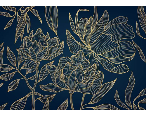 Eine Fototapete mit einem schicken goldenen Blumenmuster, bei dem anmutige Blüten und Blätter in tiefen Grüntönen mit goldenen Akzenten ein luxuriöses und anspruchsvolles Aussehen verleihen.