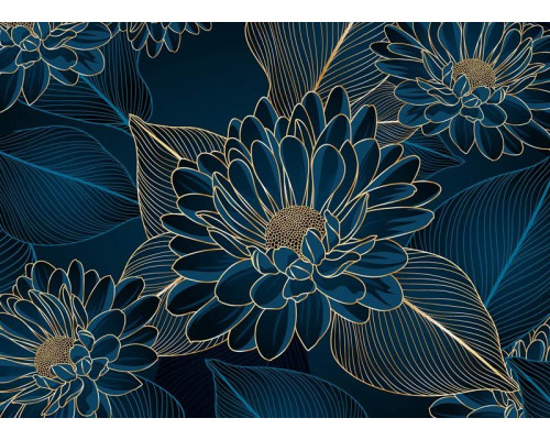Eine Fototapete mit Chrysanthemenblüten, bei der verschnörkelte goldene Chrysanthemen auf einem tiefgrünen Hintergrund ein luxuriöses und elegantes Aussehen erzeugen.