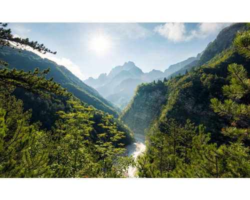Elf Gate Alps Fototapete, die einen magischen Eingang zu den Bergen zeigt.