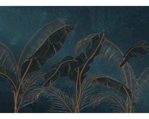 Eine exotische Palmwedel-Fototapete in sattem Grün mit goldenen Akzenten, bei der üppige Blätter und dezente Goldtöne ein luxuriöses und tropisches Aussehen erzeugen.