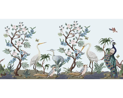 Fototapete exotische Vögel im Chinoiserie-Stil mit Pfau, Reihern, Blütenbäumen und Blumen.