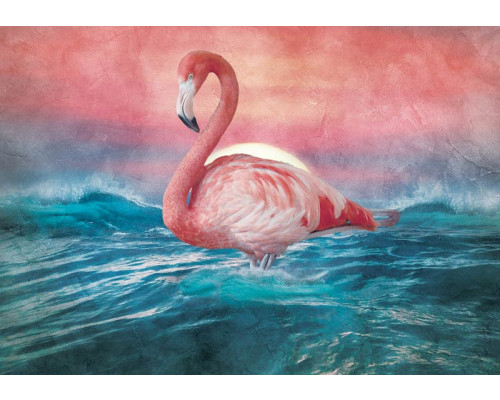 Fototapete mit einem Flamingo, der in einem lebendigen und farbenfrohen Stil dargestellt ist.