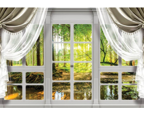 Waldansicht aus einem Fenster, Bäume und Natur auf 3D-Fototapete.