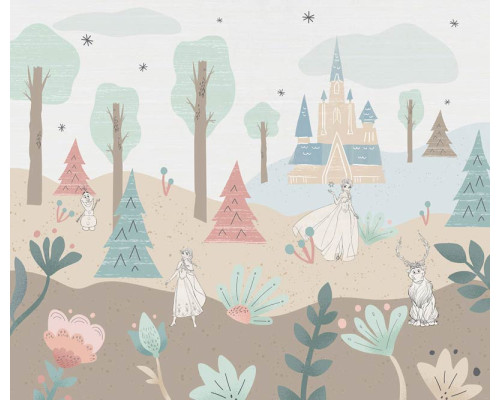 Fototapete Frozen Castle Playground mit Elsa, Anna, Olaf, einem magischen Hirsch und dem Schloss von Arendelle in einer märchenhaften Pastelllandschaft.