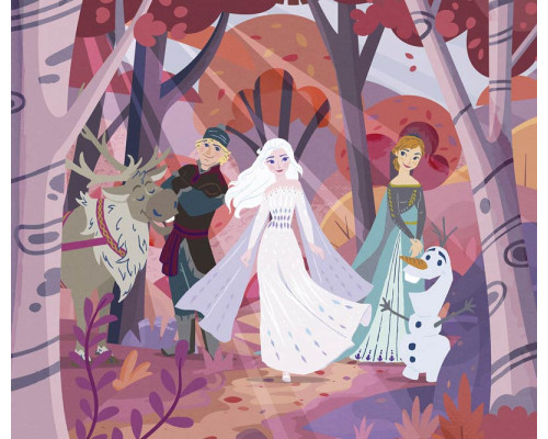 Fototapete Frozen Forest Friendship mit Elsa, Anna, Olaf, Kristoff und Sven in einem farbenfrohen Wald mit rosa Bäumen und verspielten Illustrationen.