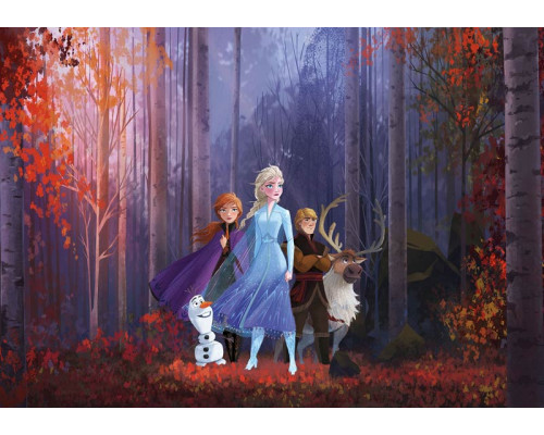 Frozen Autumn Kingdom Fototapete mit Elsa und Anna in einem herbstlichen Wald, umgeben von fallenden Blättern und warmen Herbstfarben.