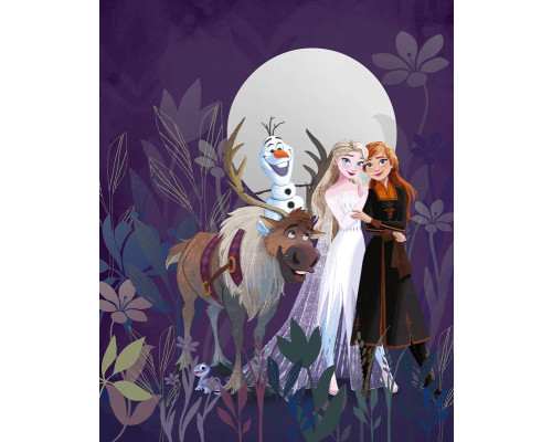 Fototapete Die Eiskönigin Magische Freundschaft mit Elsa, Anna, Olaf und Sven in einem verzauberten Wald unter einem großen Mond.
