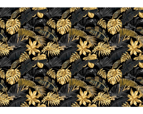 Goldene Dschungelblätter schmücken diese botanische Fototapete, die einen üppigen und tropischen Look hat.
