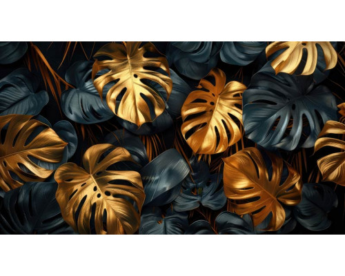 Fototapete Goldene Monstera Blätter im Jungle Stil mit luxuriösen Goldakzenten und dunklem Hintergrund.