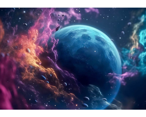 Die Sterne und Planeten der Galaxie in einer großen galaktischen Anzeige auf diesem Fotohintergrund dargestellt.