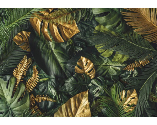 Fototapete mit grünen und goldenen Blättern in einem botanischen Dschungelthema.