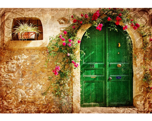 Fotobehang met een groene deur in Toscane, omgeven door een Provençaalse sfeer