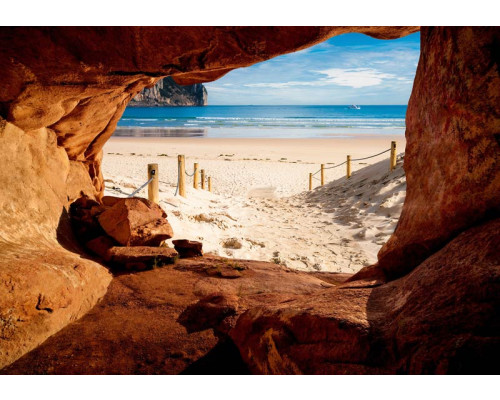 Höhle mit Blick auf Strand und Meer, 3D-Effekt Fototapete für eine exotische und beruhigende Atmosphäre.