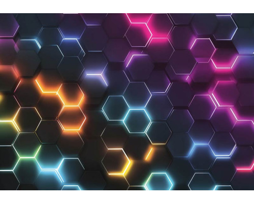 Fotobehang hexagon rainbow met neon zeshoeken in felle regenboogkleuren tegen een donkere achtergrond.