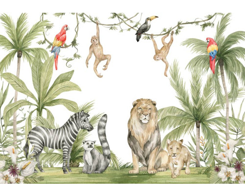 Fototapete mit verschiedenen Tieren wie einem Löwen, Zebra, Papagei, Tukan und Affen im Dschungel im Dschungel, entworfen für Kinderzimmer.