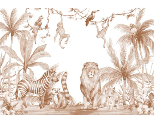 Fototapete mit Tieren wie Löwe, Zebra, Papagei, Tukan und Affen im Dschungel, in Terrakotta-Farben gehalten.