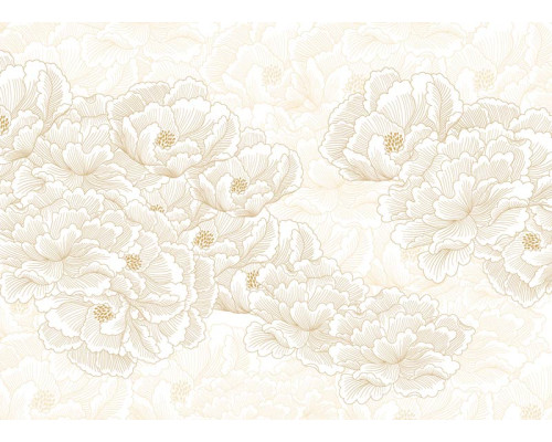 Eine Fototapete mit japanischen Blumen auf beigefarbenem Hintergrund, bei der zarte Blüten und raffinierte Zweige ein ruhiges und elegantes Bild ergeben.