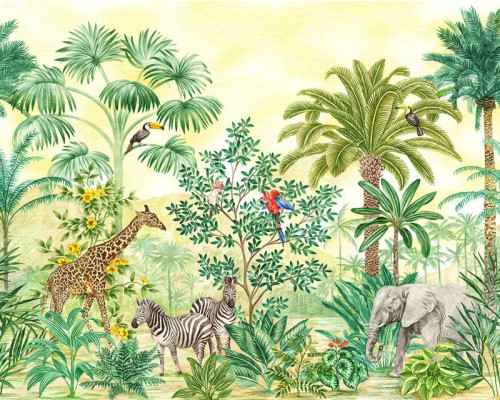 Kindertapete zum Thema Dschungelabenteuer, voller exotischer Tiere wie Tiger und Affen, ideal für Dschungelzimmer.