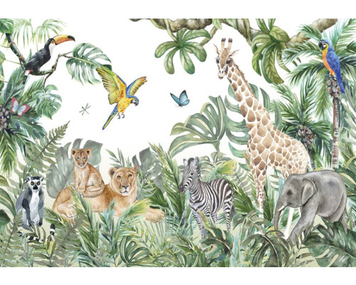 Tiere wie ein Elefant, eine Giraffe, ein Zebra, ein Löwe, ein Papagei, ein Ringschwanzlemur und ein Tukan im Dschungel auf einer abenteuerlichen Fototapete.