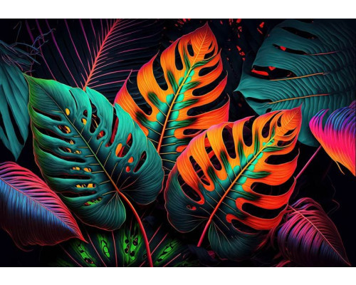 Fototapete mit neonfarbenen Dschungelblättern, darunter Monstera und tropische Pflanzen. Die botanischen Muster in leuchtenden Farben sorgen für einen futuristischen und tropischen Effekt.