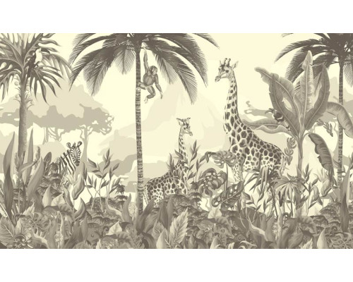 Fototapete von Dschungeltieren auf Safari in Schwarz-Weiß, mit einem tropischen Touch, der die wilde Natur hervorhebt.