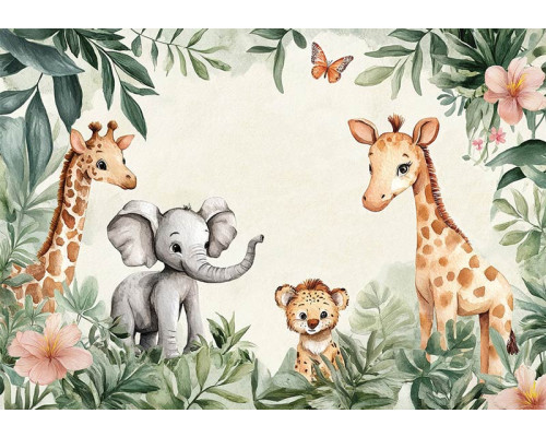 Fototapete mit niedlichen Dschungeltieren wie einem Elefanten, Giraffen und einem Jungtier zwischen grünen Blättern, Blumen und einem Schmetterling.