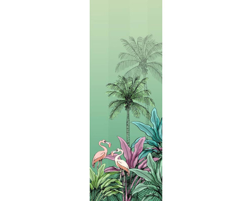 Fototapete mit farbenfrohen Flamingos in einer Dschungelumgebung, perfekt für ein exotisches Zimmer.