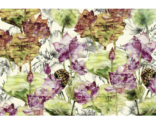 Lotusblumen-Fototapete mit zarten Blumen in einem künstlerischen und abstrakten Design, ideal für beruhigende Räume.