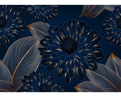 Eine Fototapete mit luxuriösen Chrysanthemen und goldenen Akzenten, bei der elegante Blumen auf einem tiefen Hintergrund ein raffiniertes und exklusives Aussehen verleihen.