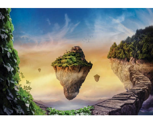 Fototapete von einer magischen Insel mit Märchenwald, Wolken und Waldlandschaft.