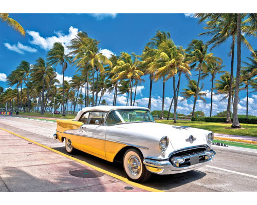 Fototapete mit einem gelb-weißen Oldtimer an einer sonnigen Promenade mit Palmen in Miami.