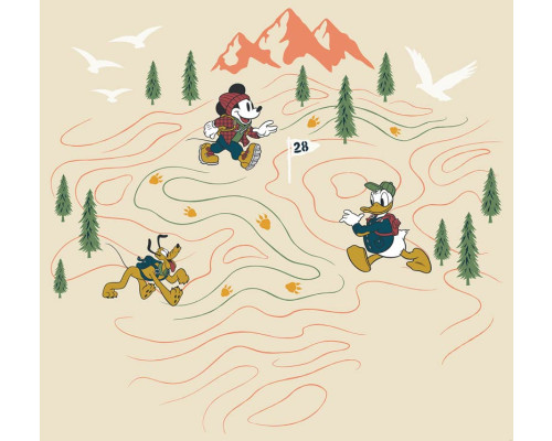 Mickey Meets Mountain Fototapete mit Mickey, Pluto und Donald Duck auf einer Bergwanderung durch eine verschneite Landschaft.