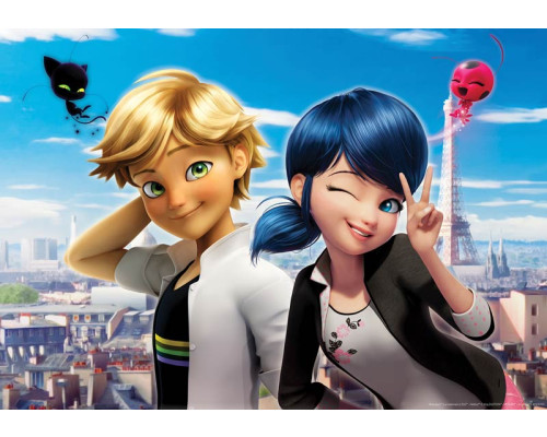 Fototapete mit den Figuren Miraculous Lady Bug und Cat Noir in einem lebendigen Stil, basierend auf der Zeichentrickserie.
