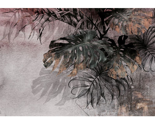 Fotobehang met Monstera palm bladeren in betonlook en bruin