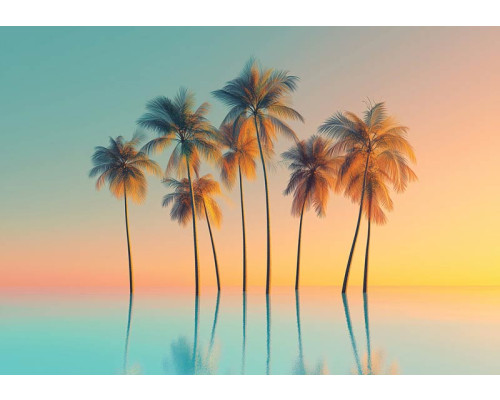 Fototapete mit Palmen auf spiegelndem Wasser in Pastellfarben und tropischer Atmosphäre.