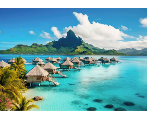 Fototapete der paradiesischen Insel Bora Bora, mit Stränden und dem Meer, ideal für eine ruhige Umgebung.