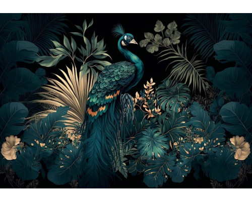 Fototapete Pfau in Mystischer Tropischer Atmosphäre mit einem eleganten Pfau zwischen tiefgrünen tropischen Blättern und dezenten goldenen Akzenten vor dunklem Hintergrund.