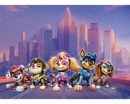 Eine Fototapete mit den Actionhelden der Paw Patrol, die Chase, Marshall, Skye und ihre Freunde in einem farbenfrohen und dynamischen Design zeigt, bereit für ihre nächste Rettungsmission.