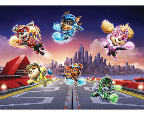 Ein Paw Patrol Superhelden-Fotohintergrund mit Chase, Marshall, Skye und ihren Freunden in ihren coolen Superhelden-Kostümen, bereit für Action in einer farbenfrohen Umgebung.
