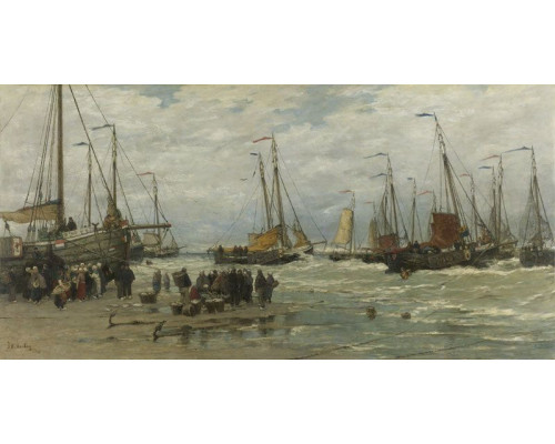 Fototapete mit einer malerischen Landschaft mit grasenden Kühen auf einer Wiese, inspiriert von Gerard Bilders Gemälde aus den Jahren 1860-1865.