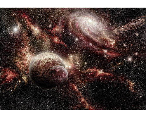 Planeten und Sterne im Universum, wunderschön gerendert auf dieser Fototapete, die einen tiefen und geheimnisvollen Raum zeigt.