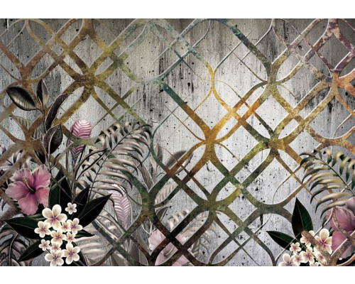 Fototapete von Pflanzen mit goldenen Ornamenten und Blumen, Zierpflanzen in abstraktem Design.