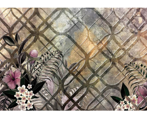 Fototapete mit Pflanzen und Ornamenten, abstraktes florales Design mit ornamentalen Mustern.