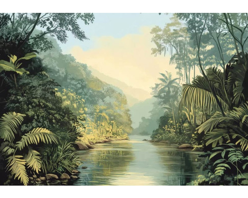 Fotobehang met een kronkelende rivier die door dichte jungle en tropische begroeiing stroomt.