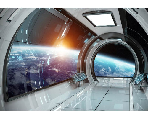 3D-Rendering einer Raumstation mit Planeten und Sternen auf dieser futuristischen Weltraum-Fototapete.