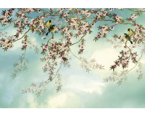 Sakura-Blüten auf Bäumen, dargestellt in einem abstrakten Kunstwerk, schaffen eine ruhige und natürliche Atmosphäre in dieser Fototapete.